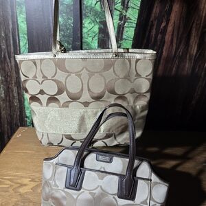 Coach Brown and Tan Signature Tote and Handbag Set. Stain And Wore Strap